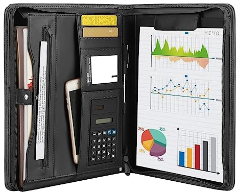 Leathario Schreibmappe A4 mit Reißverschluss,Konferenzmappe mit Schreibblock,Klemmbrett,Dokumentenmappe für Büro,Meetings, Aktenmappe für Bewerbungsgespräche,Arbeitsmappe für Studenten, Ärzte Schwarz