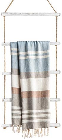 DOCMON Towel Rack for Bathroom- 3.3-Foot Wall Hanging Whitewashed Wood & Rope Blanket Ladder with 5 Rungs for Farmhouse Room Decor (Whitewashed)