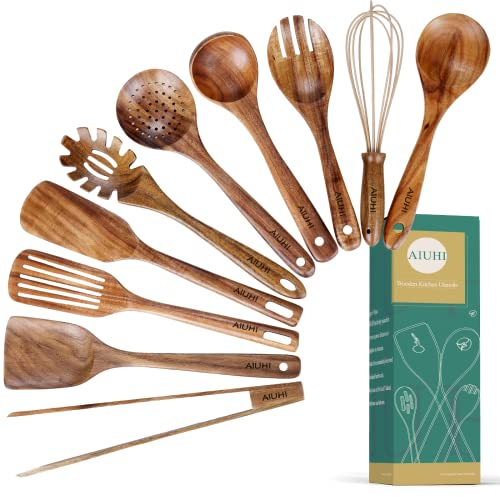 Teak Wood Utensils - Nonstick Wooden Kitchen Set with Spatula and Ladle (10)