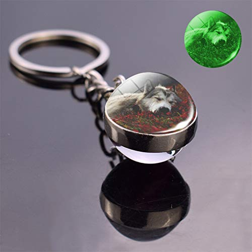 JLZK Lobo E Da Lua Schlüsselanhänger Brilham No Escuro Chaveiro Dupla Face Chave Chave Anéis Da Cadeia De Bola De Vidro Luminoso Acessórios De Cabeça De Lobo