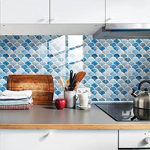 Mosaic Tiles Arts and Crafts Sky Blue Fish Scale Pattern Stick on Tiles Kitchen Tile Transfers Stickers Peel and Stick Wall Tiles for Bathroom Vinyl Home Decoration 25P,20cm x 20cm (8in x 8in)
