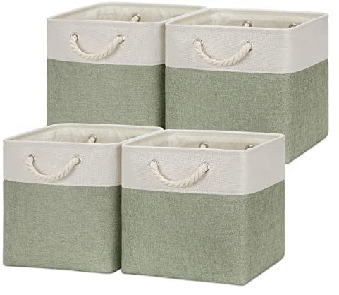 Temary Cube Storage Baskets for Shelves 12 Inch Storage Cubes 4pack Fabric Storage Baskets for Organizing Clothes, Closet Basket with Rope Handles for Home (White&Green)
