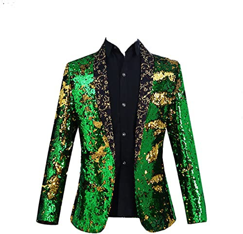 StilVoller Glänzender Pailletten-Blazer für Herren Schmal Geschnittener Party-Smoking mit Schalkragen Party Prom Sport Mantel Jacke Frack (L,Grün)