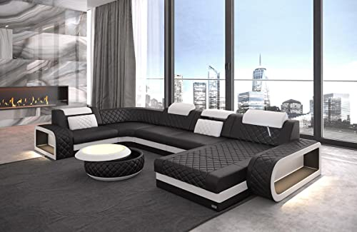 Wohnlandschaft Berlin U Form Leder mit Kopfstützen Sofa mit LED Beleuchtung Moderne Couch (Ottomane rechts, Schwarz-Weiß)