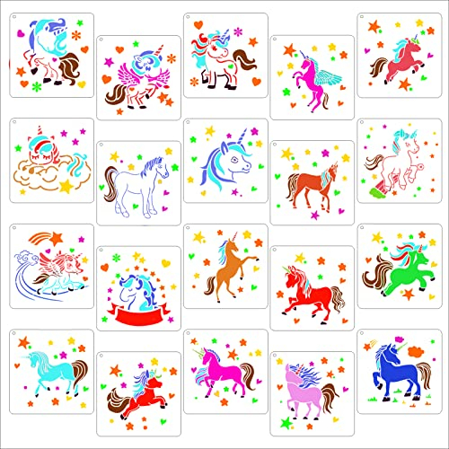 Qpout 20pcs Einhorn Zeichnung Schablonen Vorlagen für Kinder Erwachsene, wiederverwendbare Kunststoff Einhorn Zeichnung Malerei Vorlage für DIY Art Craft Notizbuch Dekor Möbel Malerei (7,7 x 7,7 Zoll)