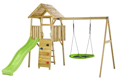 Kangui Aire de Jeux portique en Bois WOODI - Double balançoire et nid Ø100cm, Toboggan, Mur d'escalade, cabane, échelle