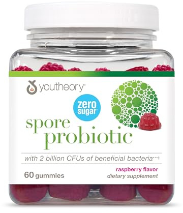 Youtheory Spore Probiotic Gummies - Supplement for Gut Health Support* - with Bacillus coagulans (is-2) - Supports Diarrhea Relief & Regular Bowel Movement* - Sugar Free - 60 Gummies (30-Day Supply)
