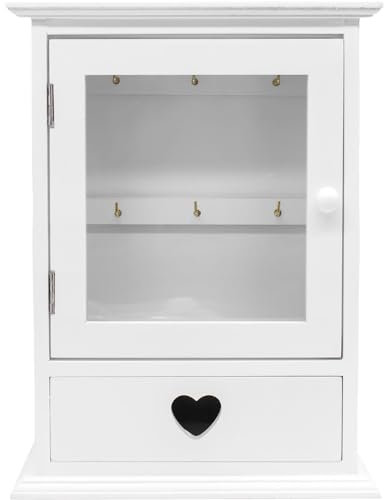 Maison Des Cadeaux Wall Mounted White Open Glass 6 Key Box Cabinet Keyhole Holder with Open Drawer