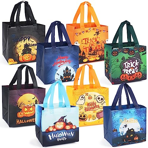 8 Stück Halloween Trick or Treat Taschen, Halloween Tragetaschen mit Griffen, Geschenktüten, multifunktionale Non-Woven Halloween Taschen zum Verpacken von Geschenken, Halloween Party Zubehör