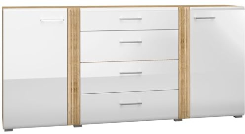 Lomadox Anrichte Sideboard Kommode 190 cm in Eiche Castello Nb. mit weiß Hochglanz hochwertige MDF Fronten mit filigraner Fräsung, B/H/T: ca. 190/90/42 cm