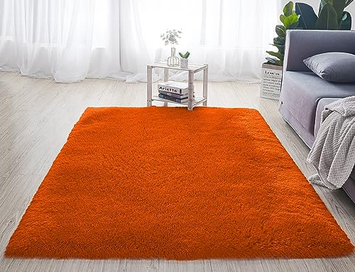 Reyox Shaggy Teppich Hochflor Langflor, Teppiche Uni Farben rutschfest Pflegeleicht für Wohnzimmer Schlafzimmer Bettvorleger Orange 80 x 120 cm