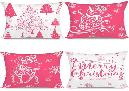 Miaikoe Weihnachtskissenbezüge 30x50 Set von 4 Weihnachtsdekoration Bäume Hirsch Schneemann Frohe Weihnachten Dekorative Urlaub Bauernhaus Kissenbezüge für Urlaub Weihnachtsdekoration (Rosa)