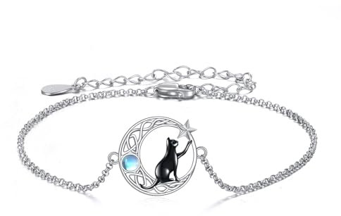 VONALA Schwarze Katze Armband Damen 925 Sterling Silber Katzen keltischem Knoten Mond Tier Armbänder Schmuck Geburtstag Valentinstag Geschenke für Sie Frauen Freundin Mutter Länge 7+2 Verstellbare