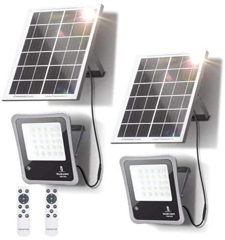 Aigostar Foco Proyector LED Solar con Mando a Distancia,30W 6500K Luz Blanca. Resistente al Agua IP65. Perfectos para Exterior Jardín,Patios,Caminos o Garajes,2 Piezas