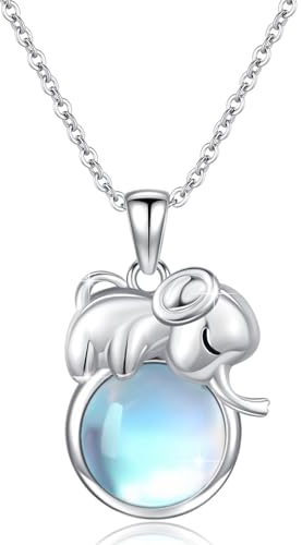 OHAYOO Elefant Kette 925 Sterling Silber Mondstein Anhänger Halskette Mädchen Elefant Tier Schmuck Mondstein Geschenk für Unisex Mädchen Damen Teenager Frauen