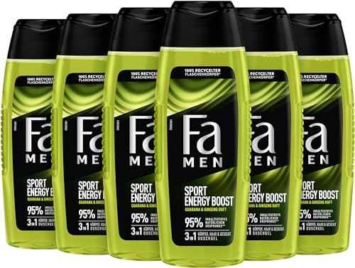 Fa MEN Sport Energy Bosst Double Power Boost Body & Hair (6x 250ml) 3in1 Formel für Körper, Haar & Gesicht, Aktiviere deinen Körtper, Geist & Sinne mit dem erfrischenden Duft von Guarana & Ginseng