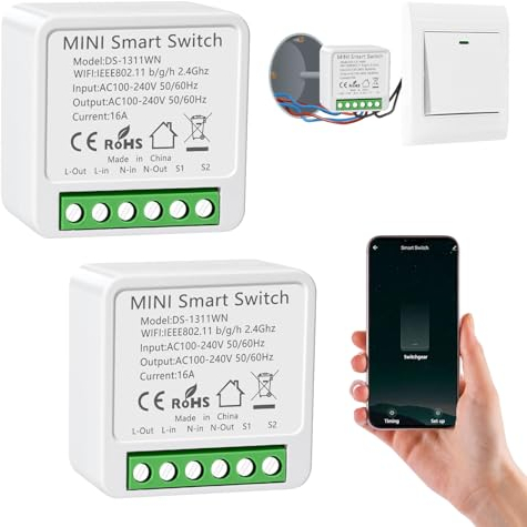 2PC Interruttore Alexa Luci, Dispositivo Wi-Fi per Automazione Domestica di Luci, Interruttori Intelligente WiFi, Controllo Vocale con Alexa, Timer Fai Da, Interruttor Wi-Fi