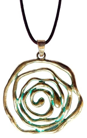 ASTER ALHELÍ - Große Damen Halskette mit Goldener Spirale und Türkis -Blumen Kette mit Braunem Wildlederband - Verstellbare Länge -Ideal als Geschenk - Lange Kette Damen - Große Spirale (Gold)