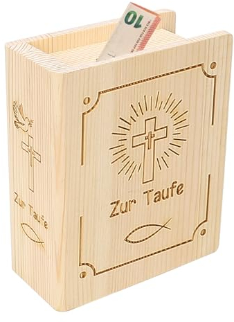 LAMEK Taufe Geldgeschenke Taufe Spardose mit Gravur Holzspardose Taufgeschenke Holz Geschenk in Buchform für Mädchen Jungen Taufe