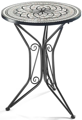 Kobolo Gartentisch Mediterran mit Platte in Mosaikoptik grau - Höhe 68 cm Durchmesser 55 cm