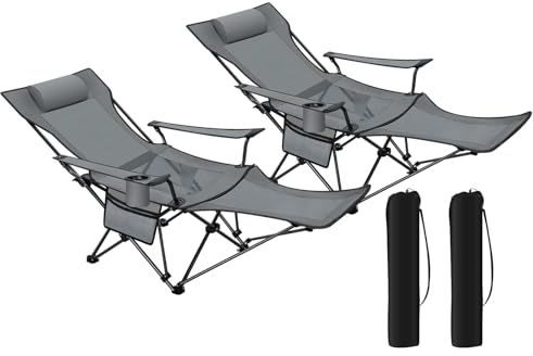 WOLTU Chaise de Camping Pliante, Lot de 2, Chaise Longue Fauteuil Pliant avec Dossier Réglable 90-155°, Chaise de Pêche Léger, Repose-Pieds Amovible, Porte-gobelet, Gris