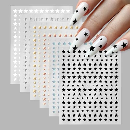6 Blatt Nagelsticker Stern Nail Art Sticker Selbstklebend Nagelaufkleber Doji Glitzer Stern Nail Sticker mit Strass Nageldesign Zubehör Schwarz 3D Metallisch Silber Gold Punk (Fünfzackiger Stern)