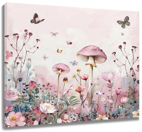 LB Wandbilder Rosa Pilz Poster Ästhetische Blume Grünpflanzen Wanddruck Rustikaler Schmetterling Leinwand Bilder für Wohnzimmer Schlafzimmer Badezimmer Wand Deko,40x30cm Ungerahmt