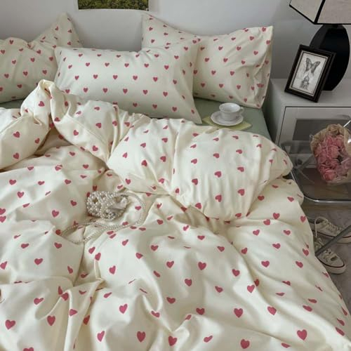 Nyescasa Herz Bettwäsche 135x200 Rosa Herzen Bettbezug Weich Mikrofaser Mädchen Kinder Creme Weiß Herzmuster Bettwäsche Set mit Reißverschluss und Kissenbezug 80x80cm