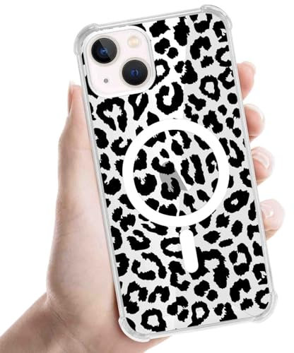 Foonary Transparent Cover Magnetic for iPhone 14/iPhone 13 6.1, Compatible with Mag-Safe with Black Leopard Aesthetics Pattern Case Wireless Charging, Protective Bumper Soft Cases for iPhone 14