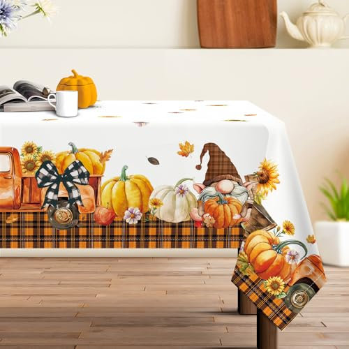 Arquiel Thanksgiving Gnomes Tablecloth Waterproof, Fall Pumpkins Maple Leaves Table Cloth Rectangle Stain Resistant, Washable Table Cover for Home Kitchen Dining Party Decoration (152 * 304cm)