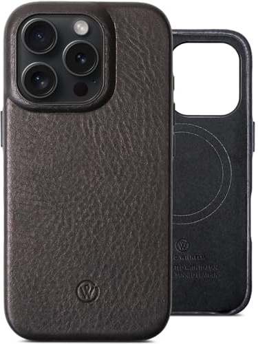 GOOD WILHELM Lederhülle kompatibel mit iPhone 16 Pro - Handgefertigtes Premium Case aus pflanzlich gegerbtem Leder, Dünn, magnetisches Laden (Qi), Echtleder Hülle (Schwarz, iPhone 16 Pro)