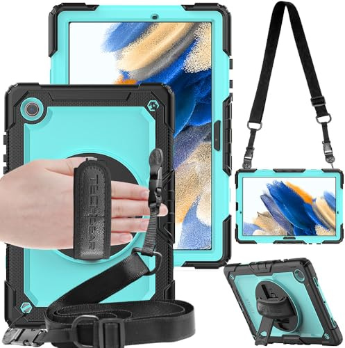 TECHGEAR UTILITY Case for Samsung Galaxy Tab A8 10.5 (SM-X200 / SM-X205) - Tough Rugged Heavy Duty Armour Shockproof Impact Case with 360 Rotating Stand, Hand Strap and Shoulder Strap - Aqua