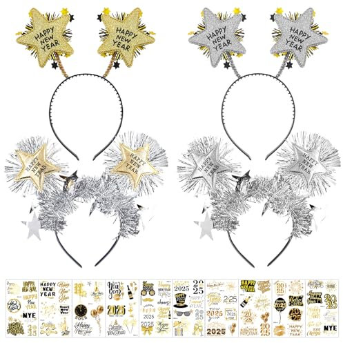 Henjunu Silvester Deko 2025 Haarreif Set, 4 Silvester Haarreif Haarschmuck+10pcs Tattoo-Aufkleber, Silvester Party Stirnband New Year Decoration Zubehör für Kinder Erwachsene, Foto Requisiten 2025