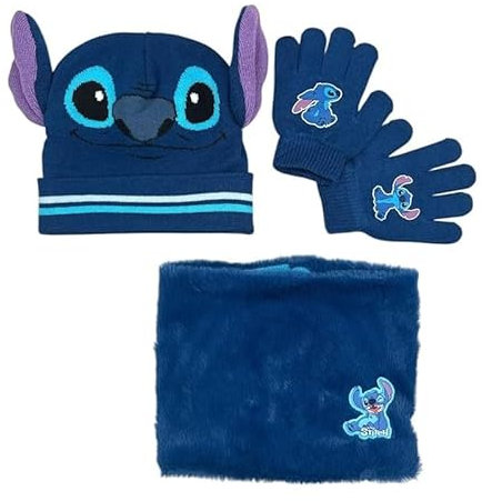 ILS I LOVE SHOPPING Lot de 3 pièces avec chapeau d'hiver, cache-cou écharpe et gants pour enfants, taille unique, doux et chaud, Pour STITCH, taille unique