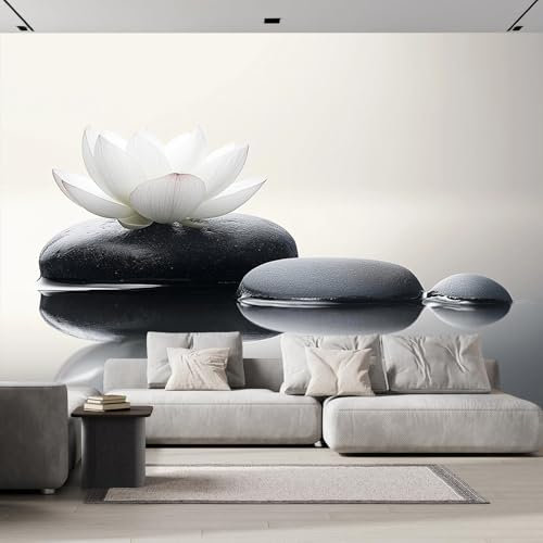 Papier Peint Photo Wallpaper Mural,3D Panoramique Murale Lotus Blanc Fleurs Sur Pierres Zen, Papier Peint soie 300×210 cm, pour Salon, Chambre Enfant Décoration Murale