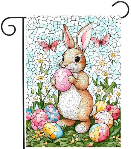 Osterhasen-Gartenflagge, Buntglas, Hasenflagge, Ostereier-Hofflagge, für draußen, 30,5 x 45,7 cm, doppelseitig, Lilie, Frühling, Outdoor-Flagge, klein