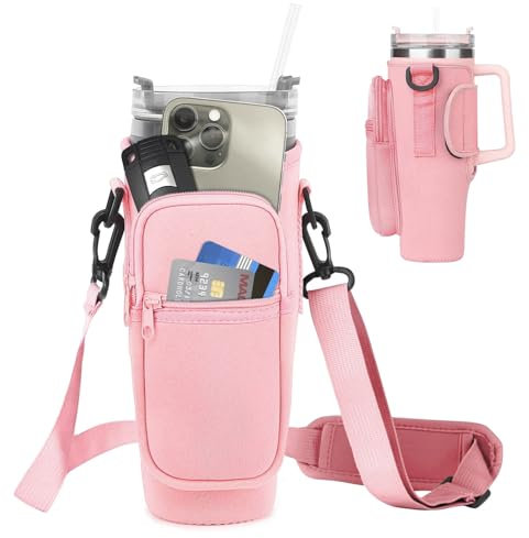 GmwyCzV Water Bottle Holder for Stanley Cup 40 oz, Stanley Cup Bag with Shoulder Strap and Phone Pocket, Multifunctional Water Bottle Bag for Stanley, Stanley Cup Accessory, pink light, 24 x 7 cm,