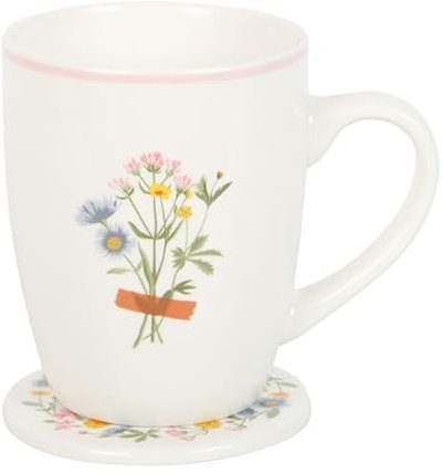 Heartwarming Ceramic Mug & Coaster Set for Mum - Vibrant Spring Flowers & Sweet 'If Mums were Flowers, I'd Pick You' Message - 350ml Capacity, Microwave & Dishwasher Safe