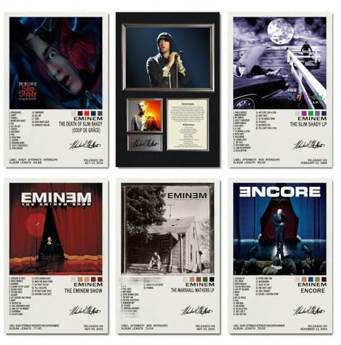Eminem Poster (6er-Set) Rapper-Albumcover, signierte limitierte Auflage, Poster, Leinwand, Musikposter für Schlafzimmer, Wandkunst, Dekor-Poster und Drucke, 20 x 30 cm, Stil 6
