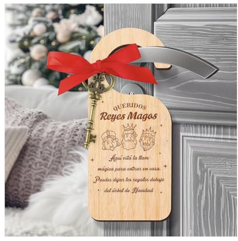 JR Maderas Decoracion Puerta Dia Reyes Magos Navidad - Colgador de Madera Personalizado - Llave Magica + Cinta Roja - Pomo Manija - Regalo Infantil Niños - Adorno Colgante Navideño - Regalo Ideal
