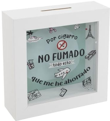 Spardose aus weißem Holz mit Glas, Spardose für Ex-Raucher mit motivierender Botschaft, Spardose durch rauchfreie Zigarette, 15 x 15 x 5 cm