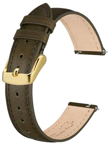 BISONSTRAP Elegante Leder Uhrenarmband, Schnellverschluss, Uhrenarmbänder für Damen und Herren, Kompatibel mit Uhrenanstößen von 12mm, Grün Braun (Goldene Schnalle)