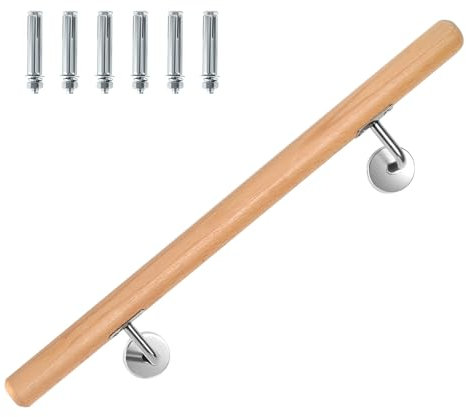 Jiubiaz Handlauf Buche, Treppengeländer Geländer mit Wandhalterung und Endkappen, Rutschfester Holzhandlauf Ø 42mm, Wandhandlauf Treppengeländer für Treppen Balkon, Länge:100 cm