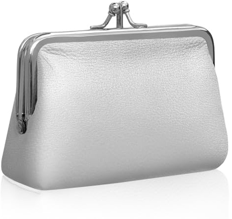 ELNX Porte-Monnaie en PU pour Femme, avec Fermoir à Pression, Style Vintage, pour clés, Cartes de crédit, pièces de Monnaie, écouteurs (Argent)