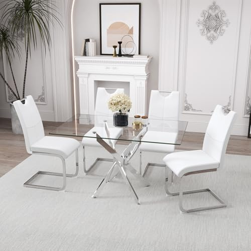 IMHKAM Glass Dining Table and Chairs Set for 4 Modern Rectangular Kitchen Table with Silver Metal Frame and 4pcs Faux Leather Padded Seats for Dining Room, Apartments
