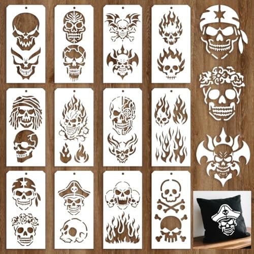 GOMAKERER 12 Blatt Skelett Flammen Malschablonen, 24 Stil Halloween Totenkopf Zeichenvorlagen Wiederverwendbare Randschablone Zum Malen Auf Wand Holz Wohnkultur