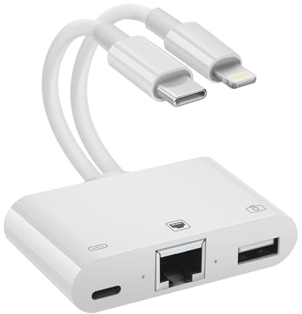 Giochem Adaptateur réseau 2 en 1 Lightning et type C vers RJ45 Ethernet, avec port de charge et port USB, prise en charge de clé USB, clavier, souris, caméra, Plug and Play, prend en charge le réseau