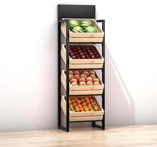 Supermarkt Obst & Gemüse Regal 4 Ebene, große Kapazität Einzelhandel Snack Rack Anzeige mit Holzkörben, Küche Zwiebel Kartoffelproduzieren Halter Stand,4 Tier-Black rack+wooden box