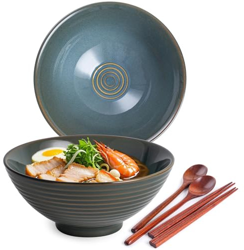 Auanlay 2 x 1200ml Ramenschüssel aus Keramik mit Essstäbchen und Löffeln, 20cm Bowl Schüssel Suppenschüssel Groß (Waldgrün)