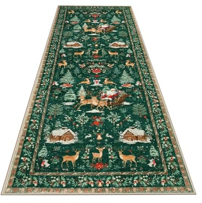 Nudorpn Weihnachtsläufer Teppich rutschfest und waschbar, weicher Weihnachts Teppich mit Weihnachtsbaum und Weihnachtsmann Motiv, Teppichläufer für Schlafzimmer, Wohnzimmer, Badezimmer